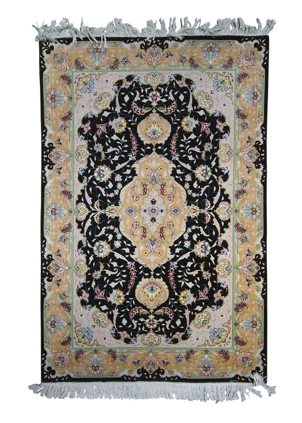 Persian Rug Tabriz Handmade Area Traditional 3'4"x5'1" (3x5) Black Pink Naghsh Floral Design #A29134