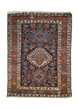 Persian Rug Gharajeh Handmade Area Tribal Antique 3'3"x4'4" (3x4) Blue Red Geometric Design #A29222