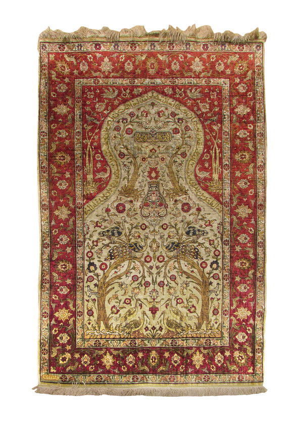 Oriental Rug Turkish Handmade Area Traditional 3'0"x4'6" (3x5) Green Whites/Beige Prayer Rug Tree of Life Design #A29225