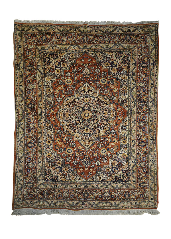 Persian Rug Tabriz Handmade Area Traditional Antique 4'0"x5'5" (4x5) Orange Whites/Beige Haji Jalili Floral Design #A29240
