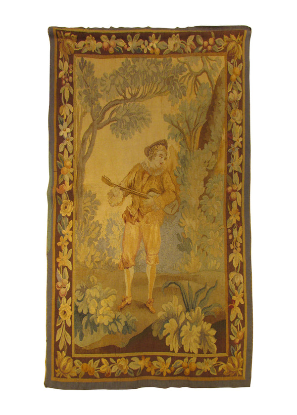 European Rug Handmade Area Traditional Antique 3'2"x4'11" (3x5) Whites/Beige Brown Green Tapestry Pictorial France Design #A29292