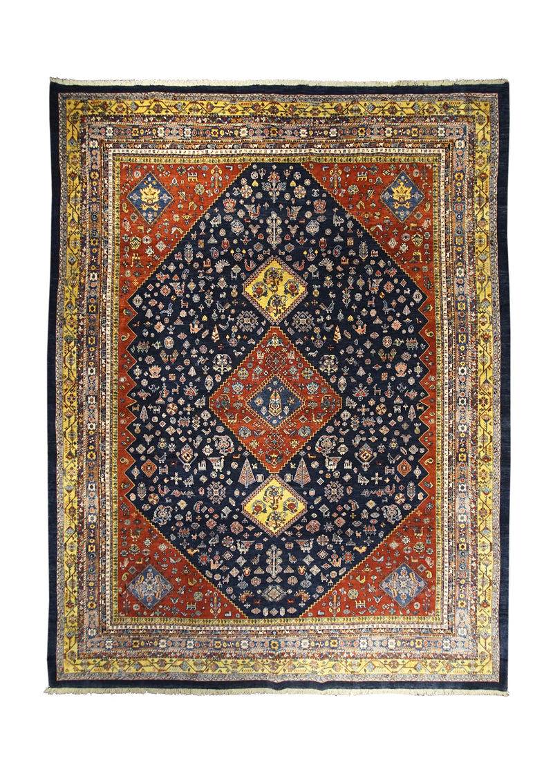 Persian Rug Ghashghaei Handmade Area Tribal 9'4"x12'2" (9x12) Blue Yellow/Gold Red Geometric Design #A29325