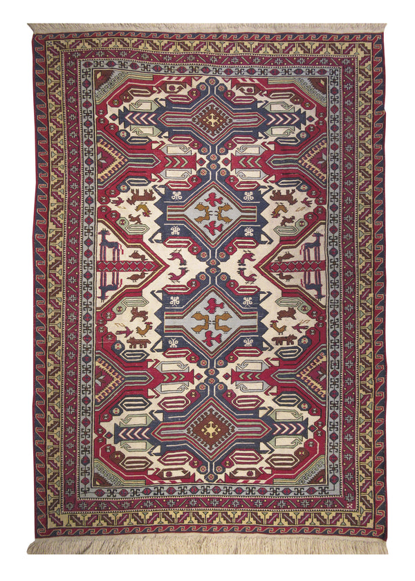 Oriental Rug Afghan Handmade Area Tribal 5'6"x7'11" (6x8) Red Whites/Beige Blue Soumak Geometric Design #A29388