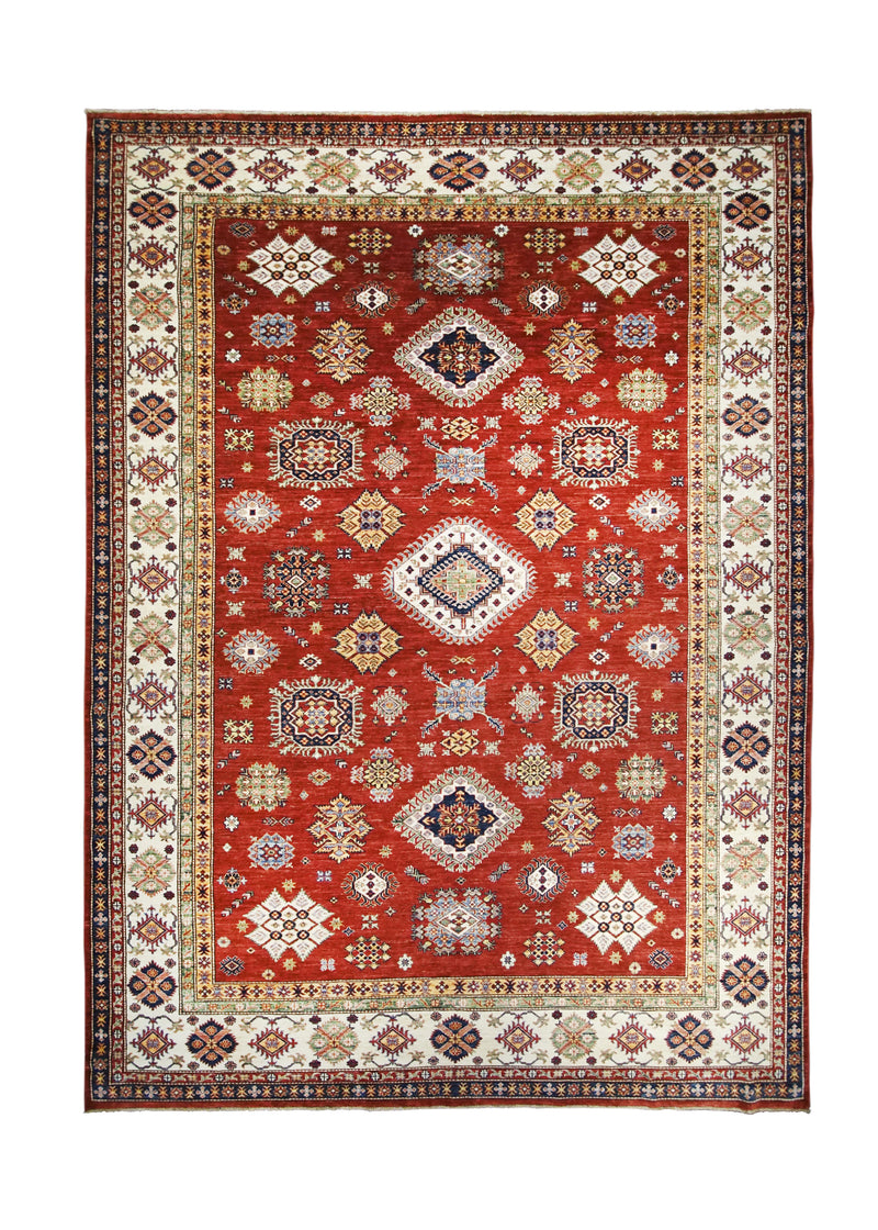 Oriental Rug Pakistani Handmade Area Transitional Tribal 8'10"x12'2" (9x12) Red Whites/Beige Kazak Geometric Design #A29423