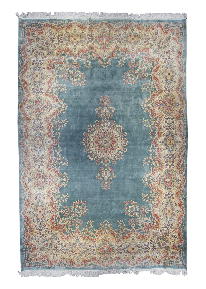 Persian Rug Kerman Handmade Area Traditional 9'9"x14'5" (10x14) Blue Whites/Beige Pink Floral Open Field Design #A29468