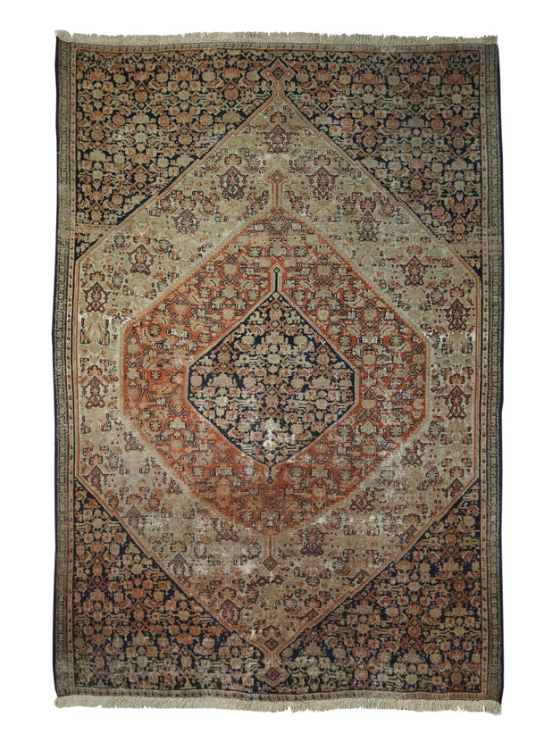Persian Rug Senneh Handmade Area Traditional Antique 3'9"x5'3" (4x5) Whites/Beige Red Herati Design #A29469