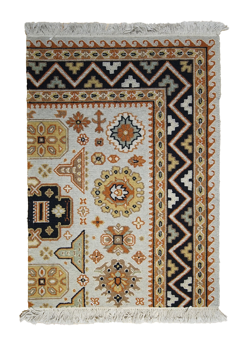 Oriental Rug Indian Handmade Area Transitional 2'0"x3'0" (2x3) Whites/Beige Black Yellow/Gold Soumak Geometric Partition Design #A29493