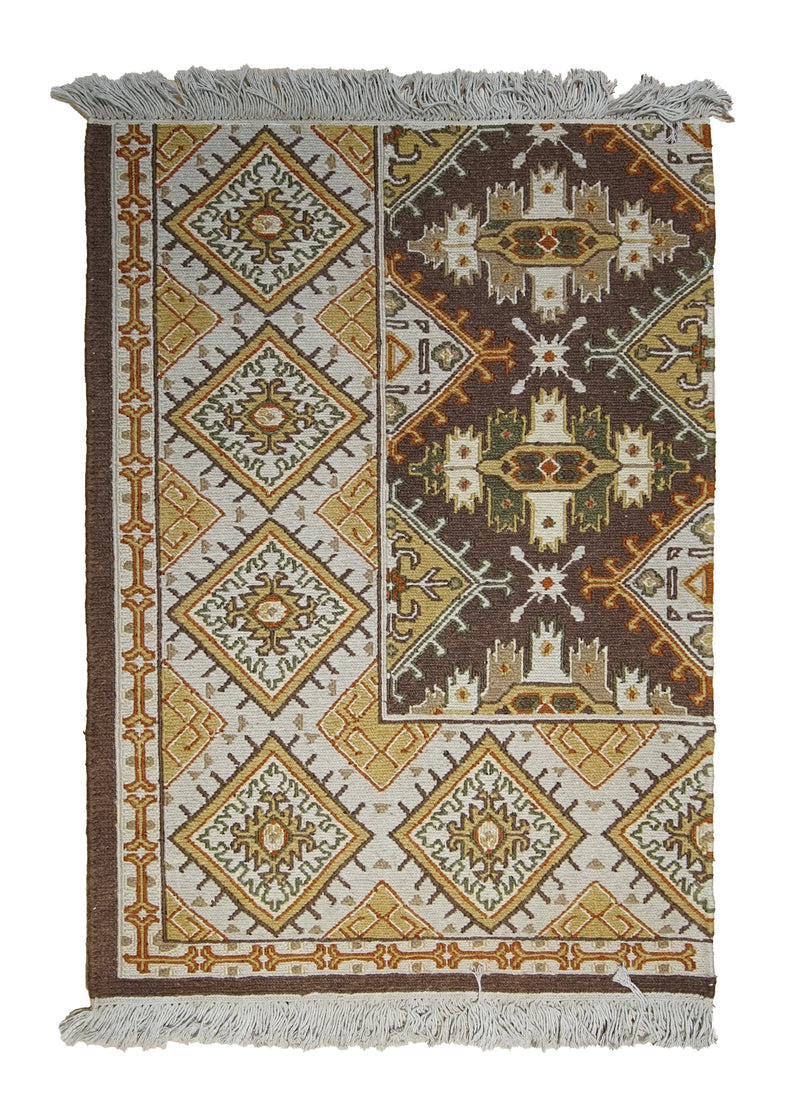 Oriental Rug Indian Handmade Area Transitional 2'0"x3'0" (2x3) Brown Whites/Beige Red Soumak Geometric Partition Design #A29497