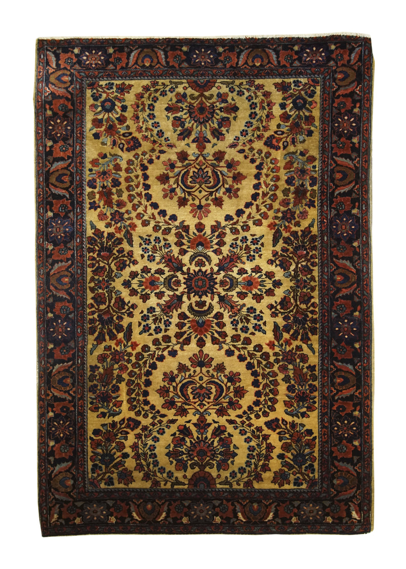 Persian Rug Kashan Handmade Area Traditional Antique 3'2"x4'9" (3x5) Yellow/Gold Blue Red Floral Design #A29504