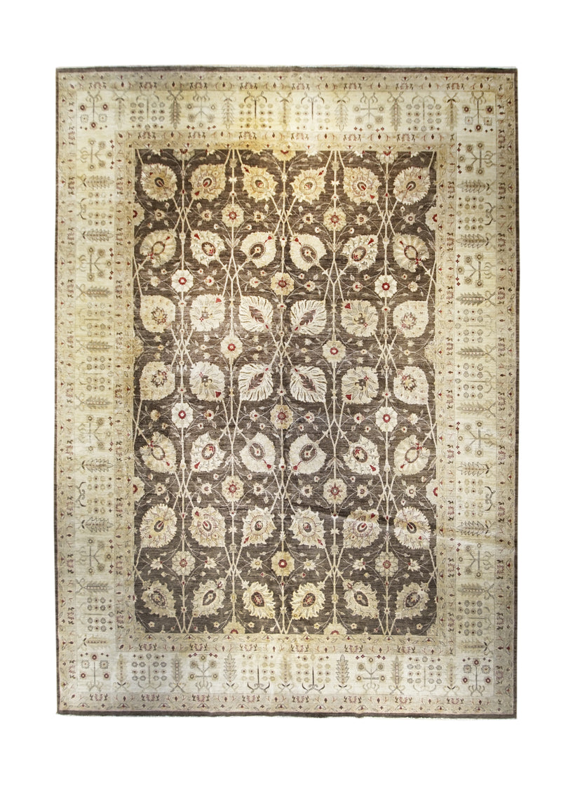 Oriental Rug Pakistani Handmade Area Transitional 11'10"x16'8" (12x17) Brown Whites/Beige Antique Washed Oushak Floral Design #A29529
