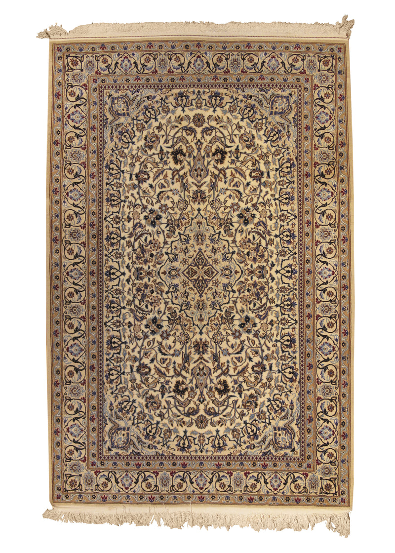 Persian Rug Nain Handmade Area Traditional 4'1"x6'10" (4x7) Whites/Beige Blue Floral Design #A29535