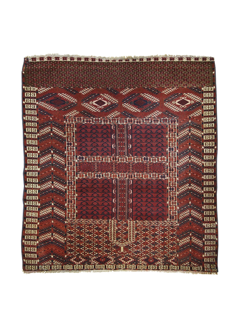 Oriental Rug Turkmen Handmade Square Tribal Antique 4'3"x4'9" (4x5) Red Tekke Geometric Design #A29541