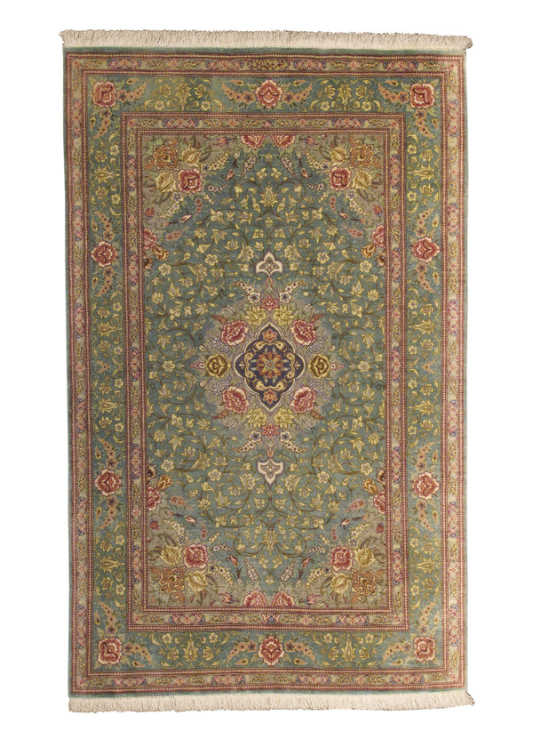 Persian Rug Qum Handmade Area Traditional 2'6"x3'11" (3x4) Green Pink Floral Design #A29556