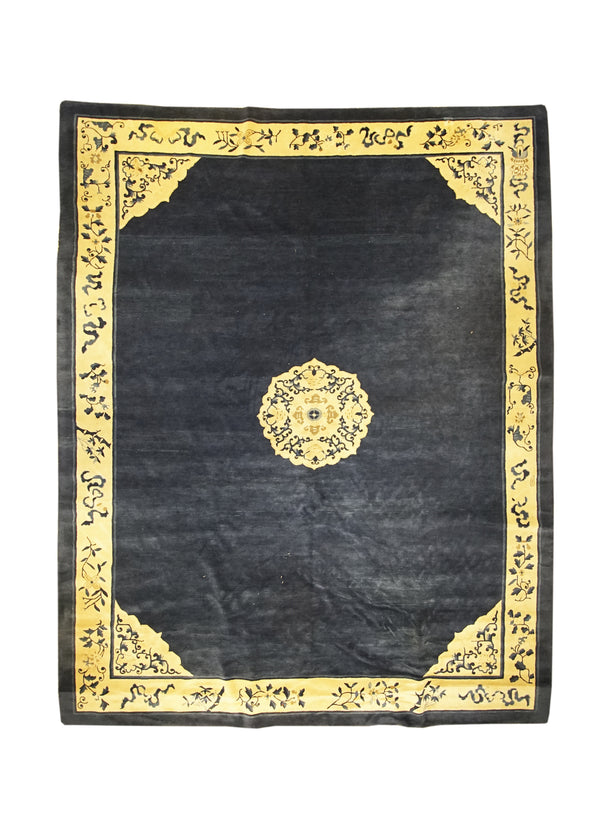 Oriental Rug Chinese Handmade Area Traditional Antique 9'3"x11'7" (9x12) Blue Yellow/Gold Peking Open Field Design #A29578