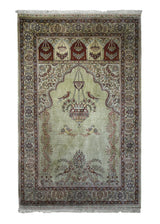 Oriental Rug Turkish Handmade Area Traditional 2'7"x4'0" (3x4) Green Whites/Beige Red Prayer Rug Design #A29596