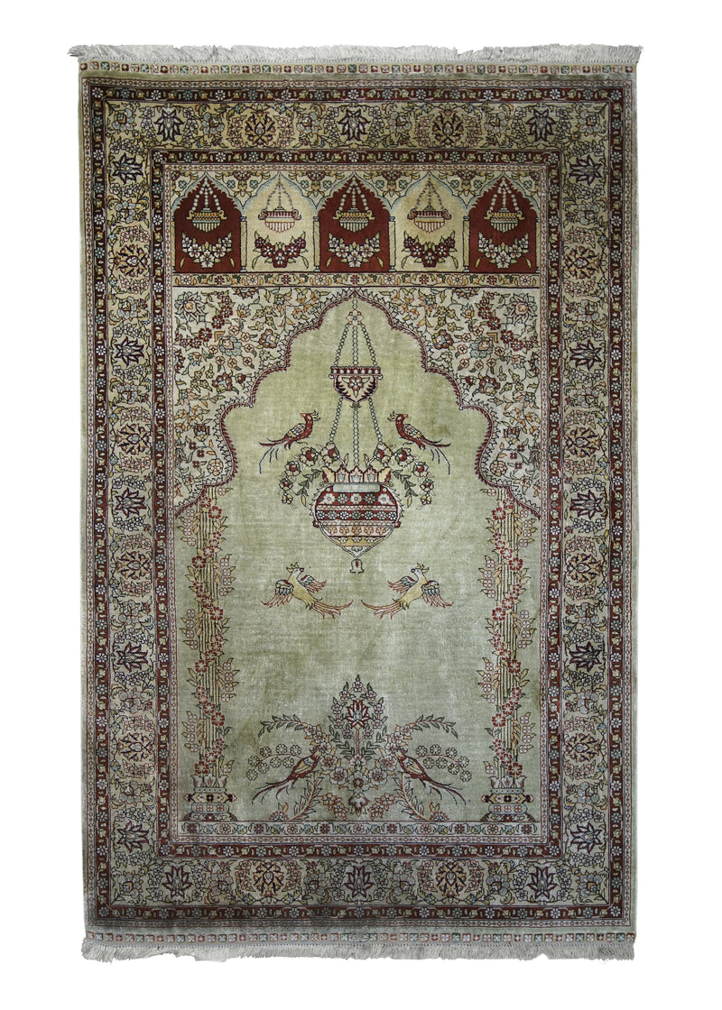 Oriental Rug Turkish Handmade Area Traditional 2'7"x4'0" (3x4) Green Whites/Beige Red Prayer Rug Design #A29596