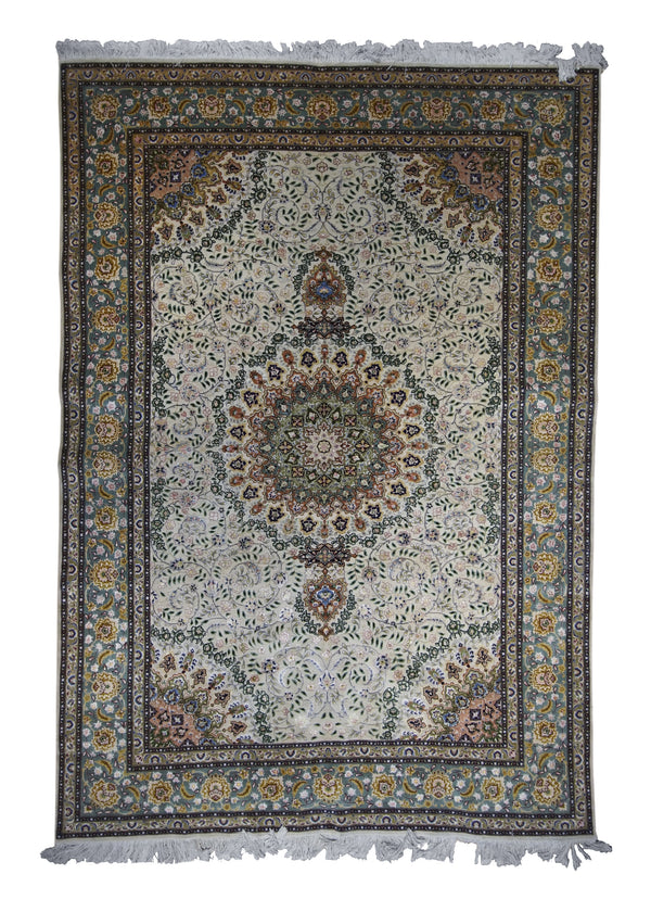Persian Rug Tabriz Handmade Area Traditional 6'5"x9'6" (6x10) Whites/Beige Blue Green Naghsh Floral Design #A29691