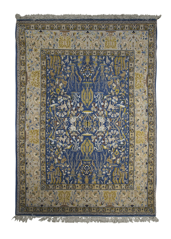 Persian Rug Isfahan Handmade Area Traditional 3'9"x5'2" (4x5) Blue Whites/Beige Yellow/Gold Tree of Life Animals Design #A29729