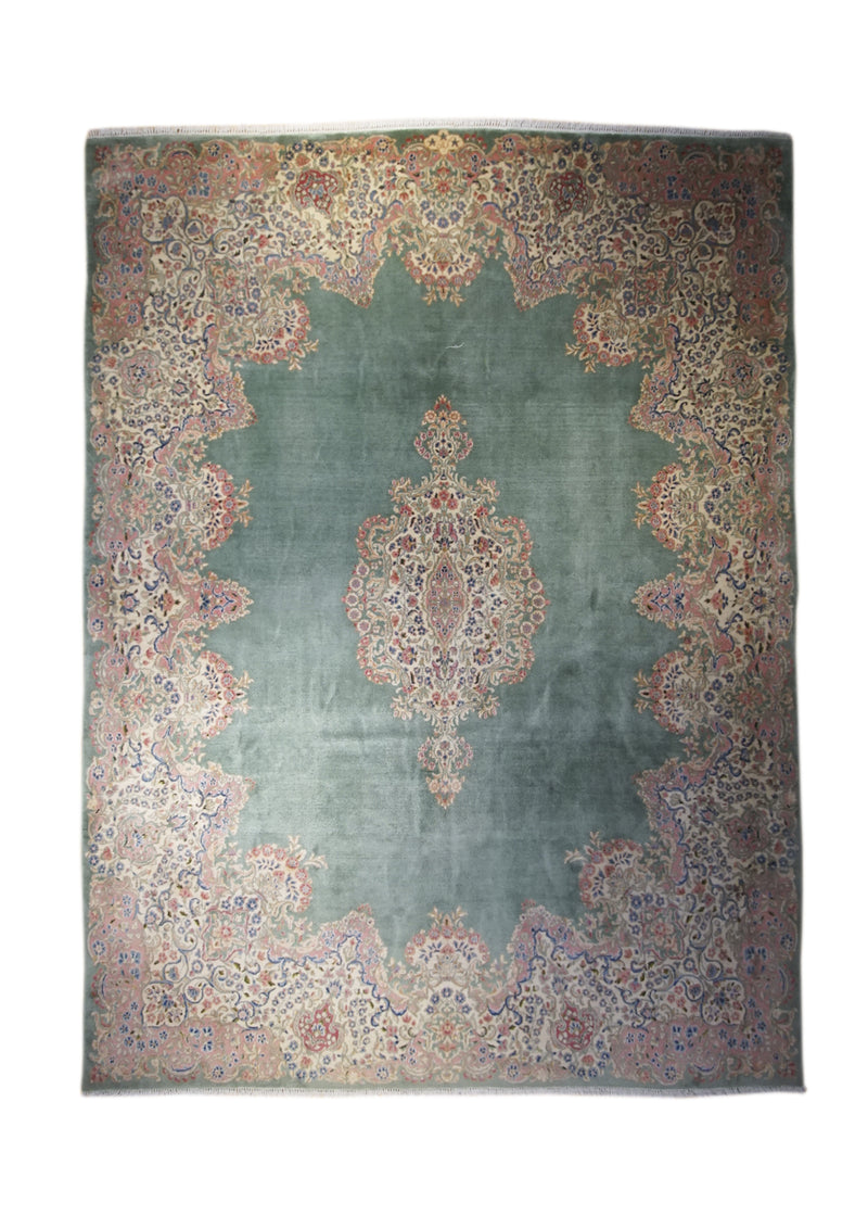 Persian Rug Kerman Handmade Area Traditional 8'9"x11'9" (9x12) Green Pink Open Field Design #A29791