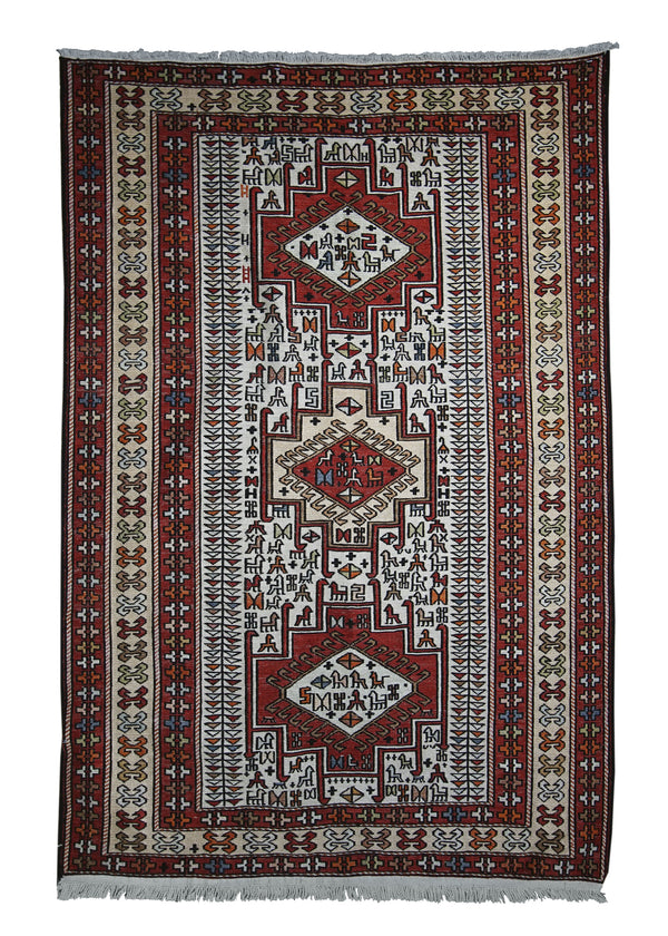 Persian Rug Azerbaijan Handmade Area Tribal 3'2"x4'6" (3x5) Whites/Beige Red Kilim Geometric Design #A29868