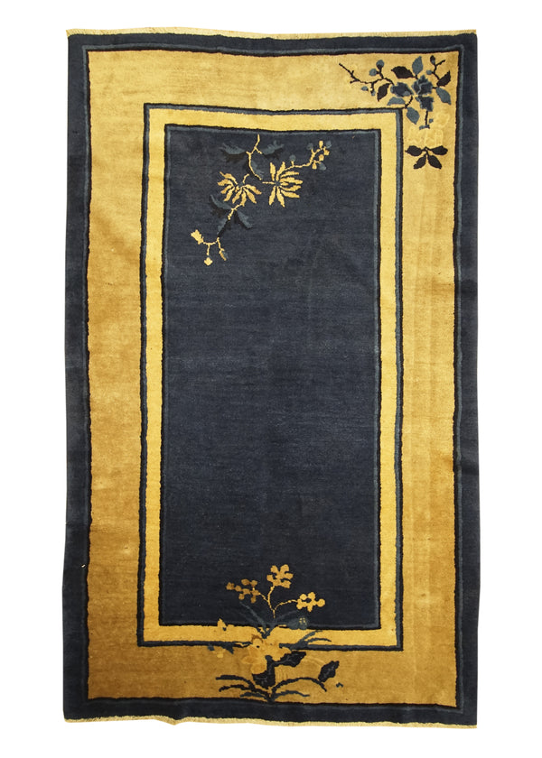 Oriental Rug Chinese Handmade Area Traditional Antique 4'0"x6'7" (4x7) Blue Yellow/Gold Peking Floral Design #A29876