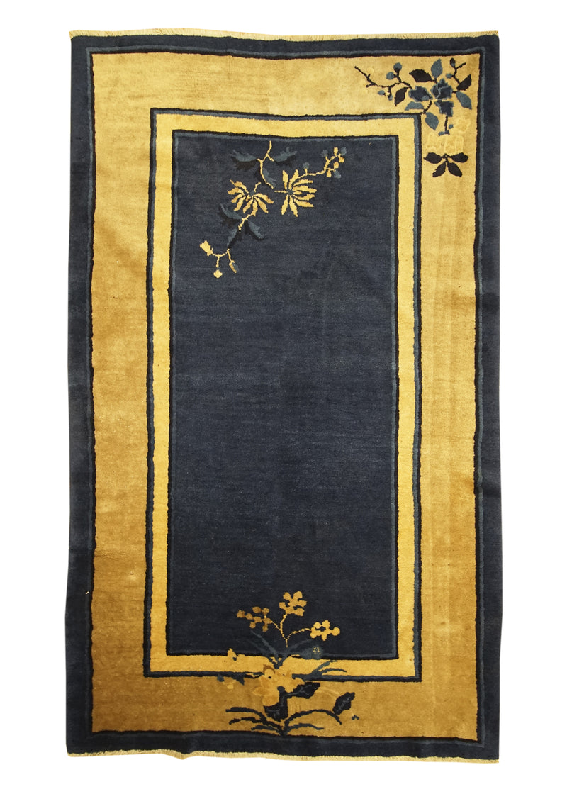 Oriental Rug Chinese Handmade Area Traditional Antique 4'0"x6'7" (4x7) Blue Yellow/Gold Peking Floral Design #A29876