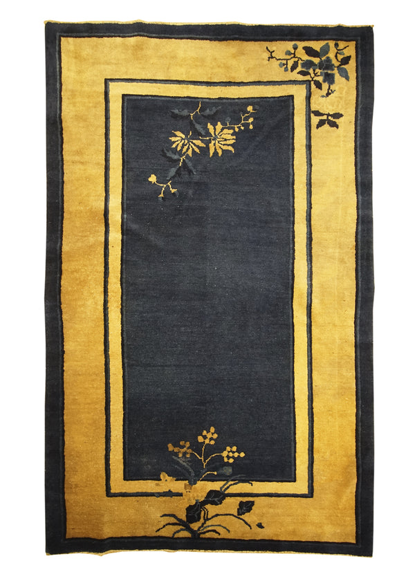 Oriental Rug Chinese Handmade Area Traditional Antique 4'2"x6'8" (4x7) Blue Yellow/Gold Peking Floral Design #A29877