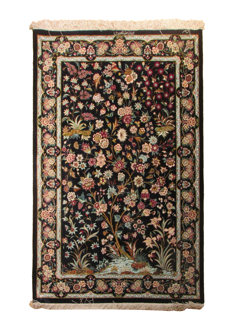 Persian Rug Qum Handmade Area Traditional 3'2"x4'10" (3x5) Black Green Tree of Life Design #A29886
