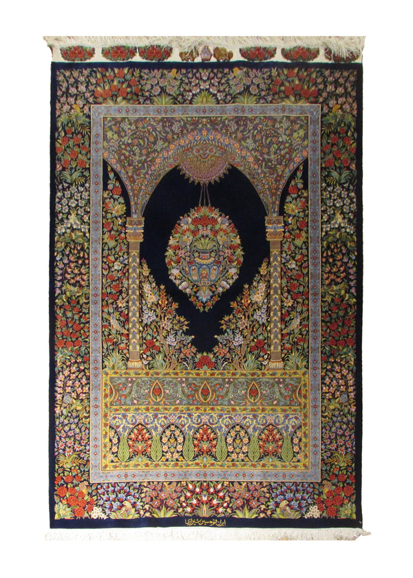 Persian Rug Qum Handmade Area Traditional 3'2"x4'5" (3x4) Blue Multi-color Floral Design #A29919