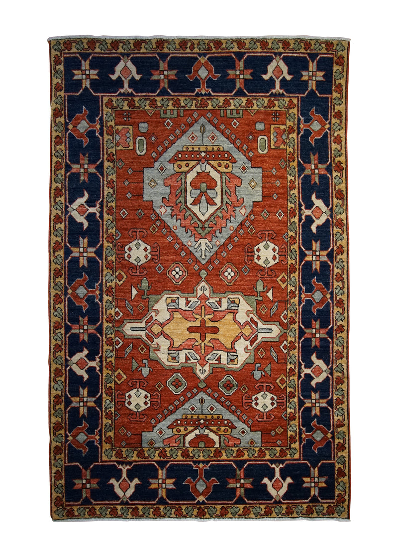 Oriental Rug Pakistani Handmade Area Transitional Tribal 4'0"x6'3" (4x6) Red Blue Serapi Geometric Design #A29990