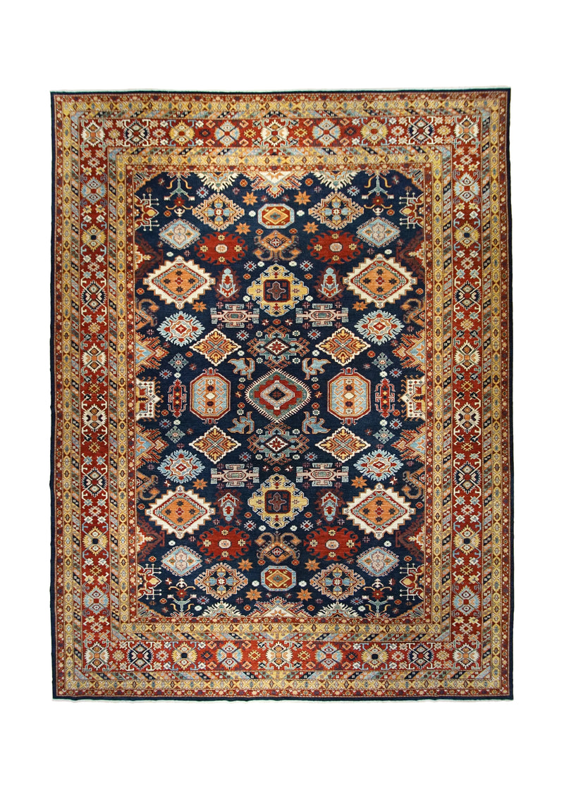 Oriental Rug Pakistani Handmade Area Transitional Tribal 10'4"x13'9" (10x14) Blue Red Yellow/Gold Kazak Geometric Design #A30010