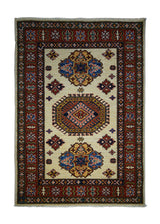 Oriental Rug Pakistani Handmade Area Transitional Tribal 2'11"x4'2" (3x4) Whites/Beige Red Blue Kazak Geometric Design #A30033
