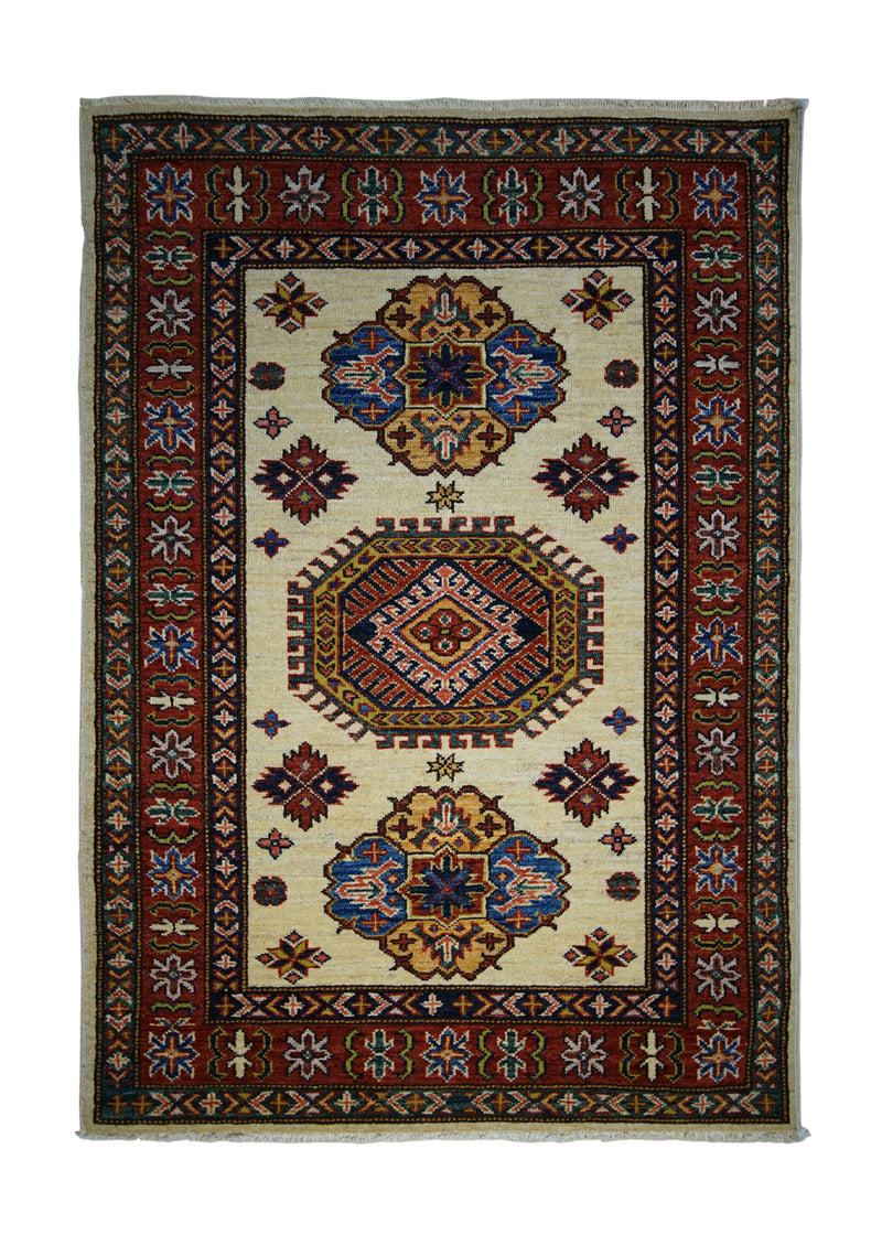 Oriental Rug Pakistani Handmade Area Transitional Tribal 2'11"x4'2" (3x4) Whites/Beige Red Blue Kazak Geometric Design #A30033