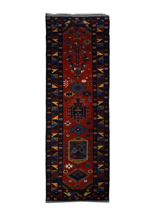 Oriental Rug Pakistani Handmade Runner Transitional Tribal 3'4"x13'7" (3x14) Red Multi-color Baloch Geometric Design #A30060