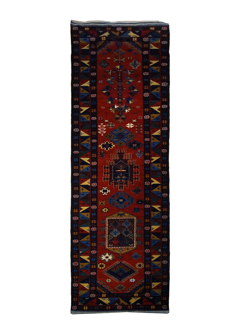 Oriental Rug Pakistani Handmade Runner Transitional Tribal 3'4"x13'7" (3x14) Red Multi-color Baloch Geometric Design #A30060