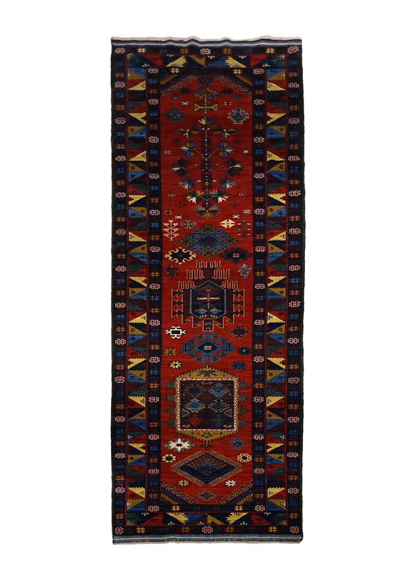 Oriental Rug Pakistani Handmade Runner Transitional Tribal 3'5"x13'8" (3x14) Red Multi-color Blue Baloch Geometric Design #A30072