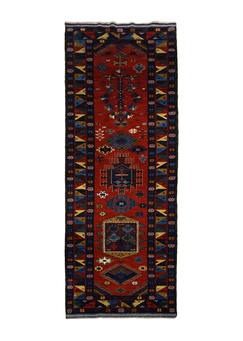 Oriental Rug Pakistani Handmade Runner Transitional Tribal 3'5"x13'8" (3x14) Red Multi-color Blue Baloch Geometric Design #A30072