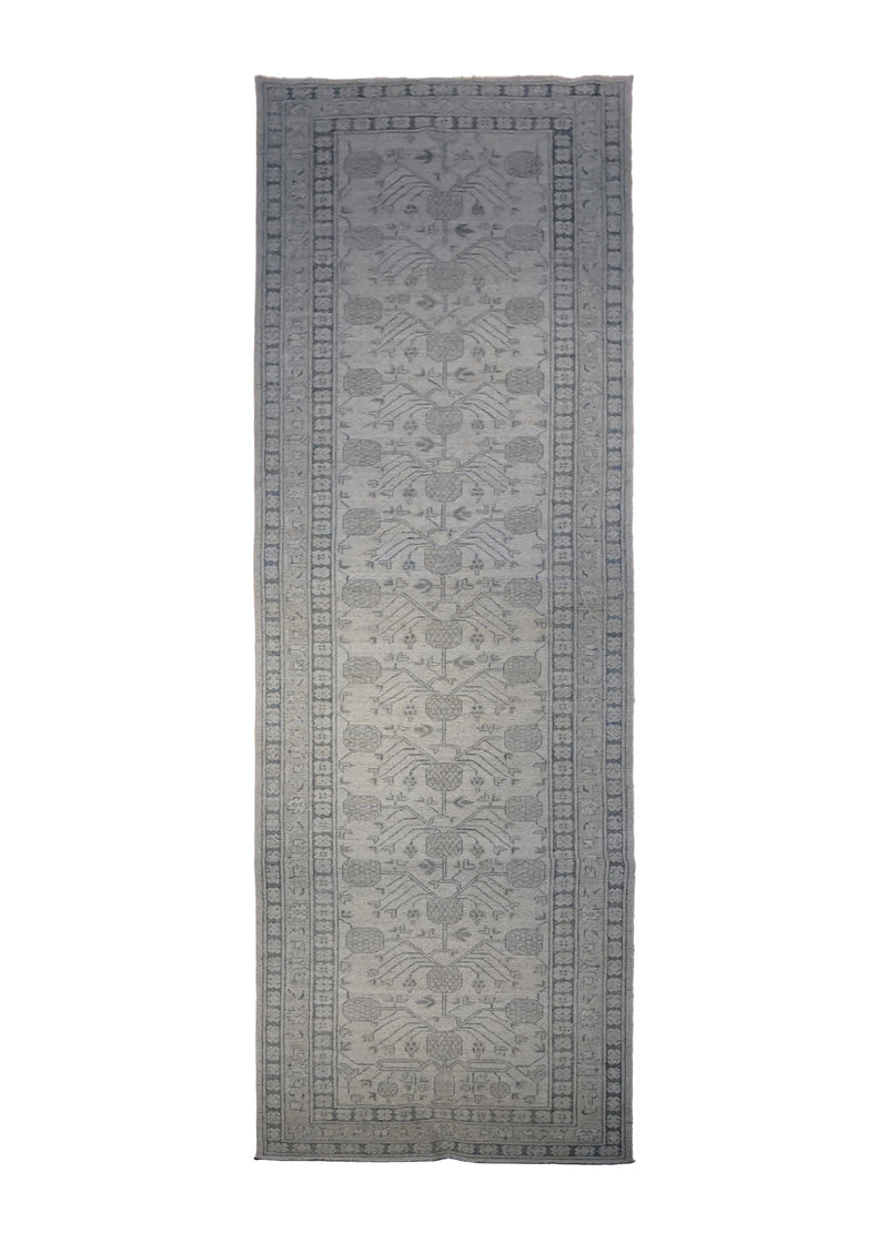 Oriental Rug Pakistani Handmade Runner Transitional Neutral 3'2"x12'9" (3x13) Whites/Beige Gray Silver Wash Khotan Pomegranate Design #A30098