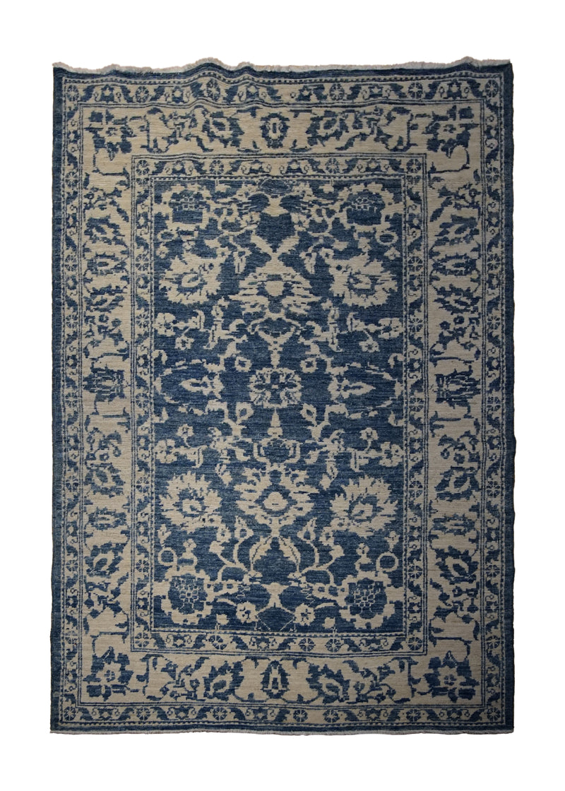Oriental Rug Pakistani Handmade Area Transitional Neutral 4'2"x6'7" (4x7) Blue Whites/Beige Silver Wash Oushak Floral Design #A30101