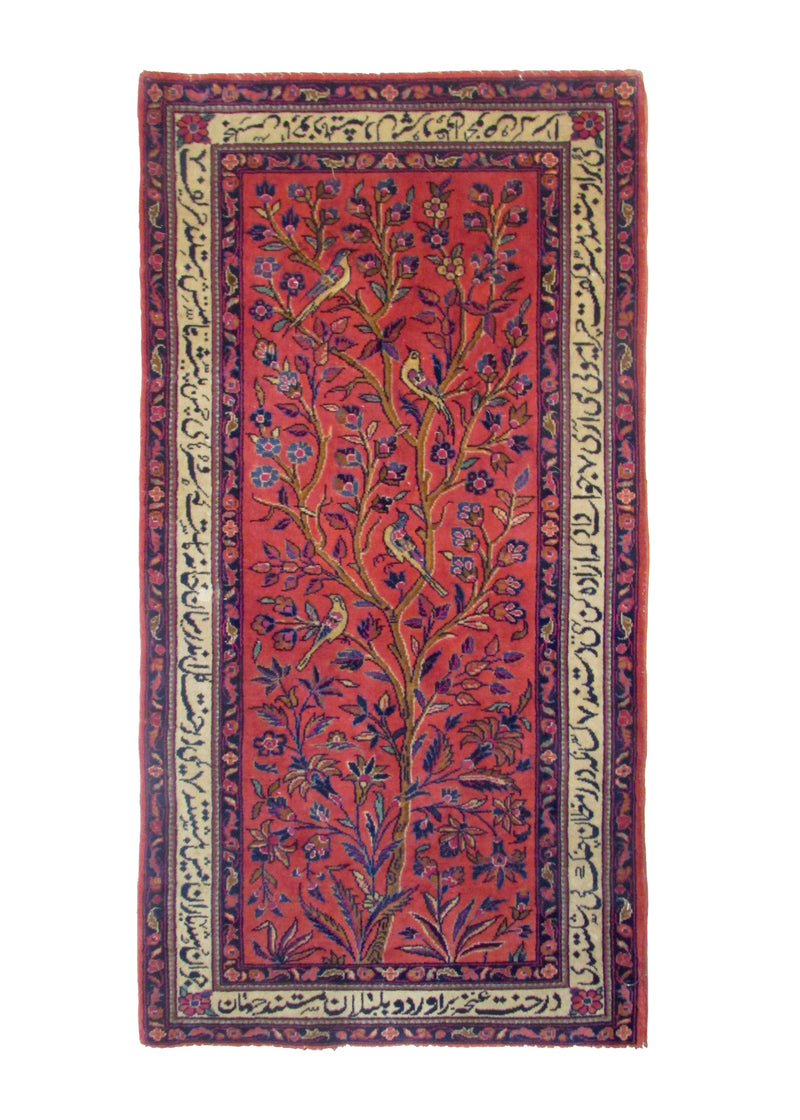 Persian Rug Kashan Handmade Area Traditional Antique 1'9"x3'5" (2x3) Red Tree of Life Animals Design #A30177