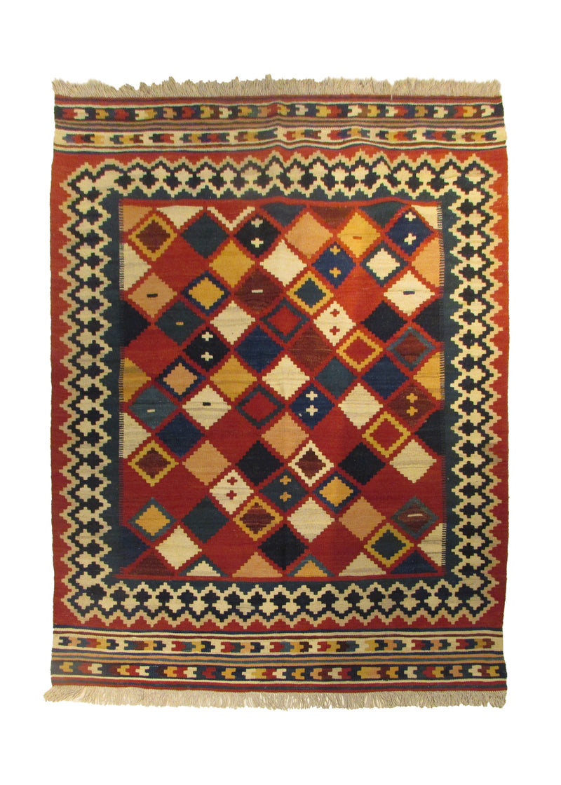 Oriental Rug Turkish Handmade Area Tribal 4'11"x5'6" (5x6) Red Multi-color Kilim Geometric Design #A30218