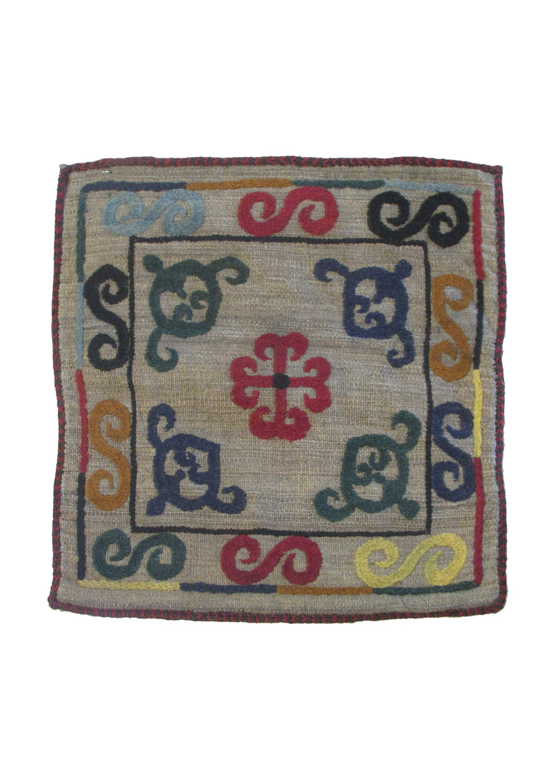 Oriental Rug Pakistani Handmade Pillow Tribal 1'7"x1'7" (2x2) Whites/Beige Multi-color Suzani Geometric Design #A30243