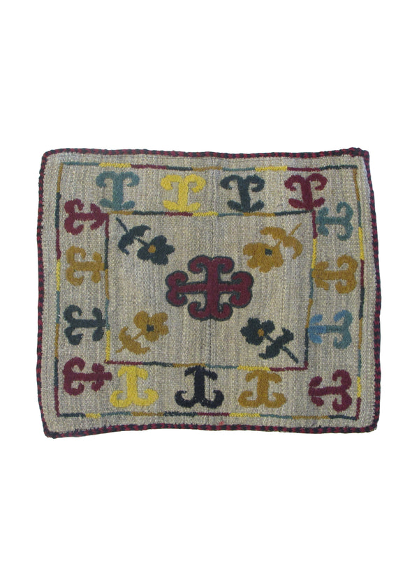 Oriental Rug Pakistani Handmade Pillow Tribal 1'7"x1'7" (2x2) Whites/Beige Multi-color Suzani Geometric Design #A30249