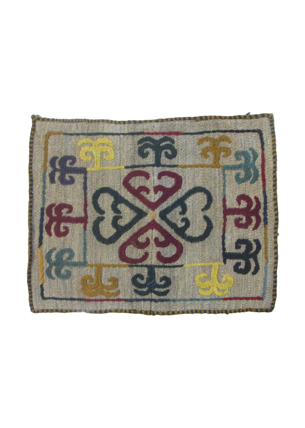 Oriental Rug Pakistani Handmade Pillow Tribal 1'7"x1'7" (2x2) Whites/Beige Multi-color Suzani Geometric Design #A30251