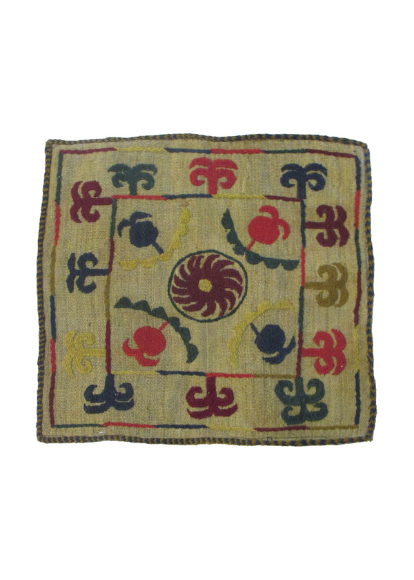 Oriental Rug Pakistani Handmade Pillow Tribal 1'7"x1'7" (2x2) Whites/Beige Multi-color Suzani Geometric Design #A30257