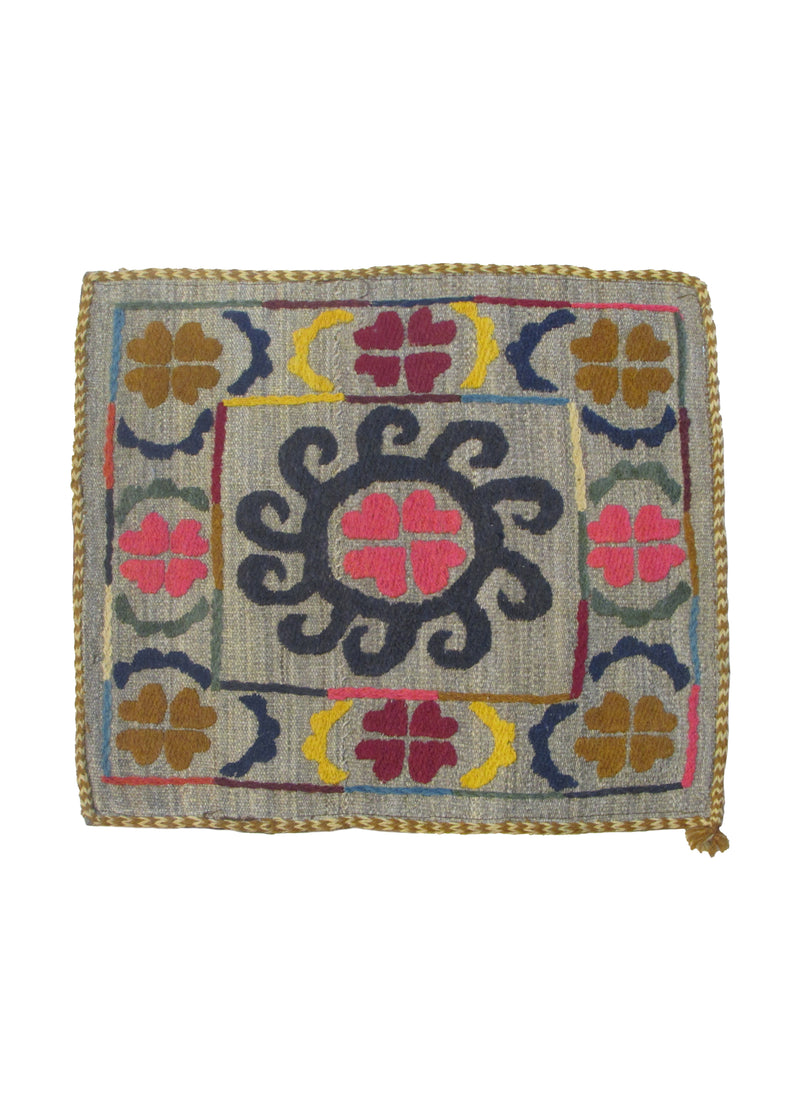 Oriental Rug Pakistani Handmade Pillow Tribal 1'7"x1'7" (2x2) Whites/Beige Multi-color Suzani Geometric Design #A30261
