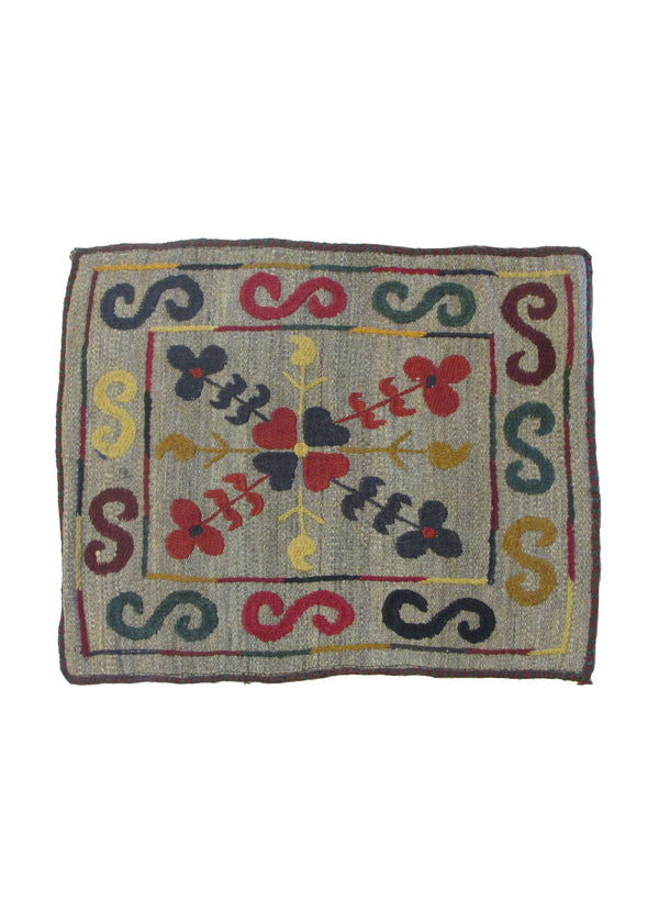 Oriental Rug Pakistani Handmade Pillow Tribal 1'7"x1'7" (2x2) Whites/Beige Multi-color Suzani Geometric Design #A30267