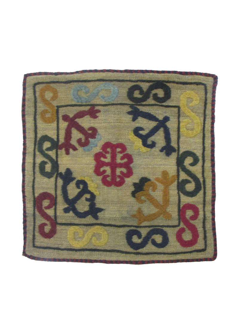 Oriental Rug Pakistani Handmade Pillow Tribal 1'7"x1'7" (2x2) Whites/Beige Multi-color Suzani Geometric Design #A30271