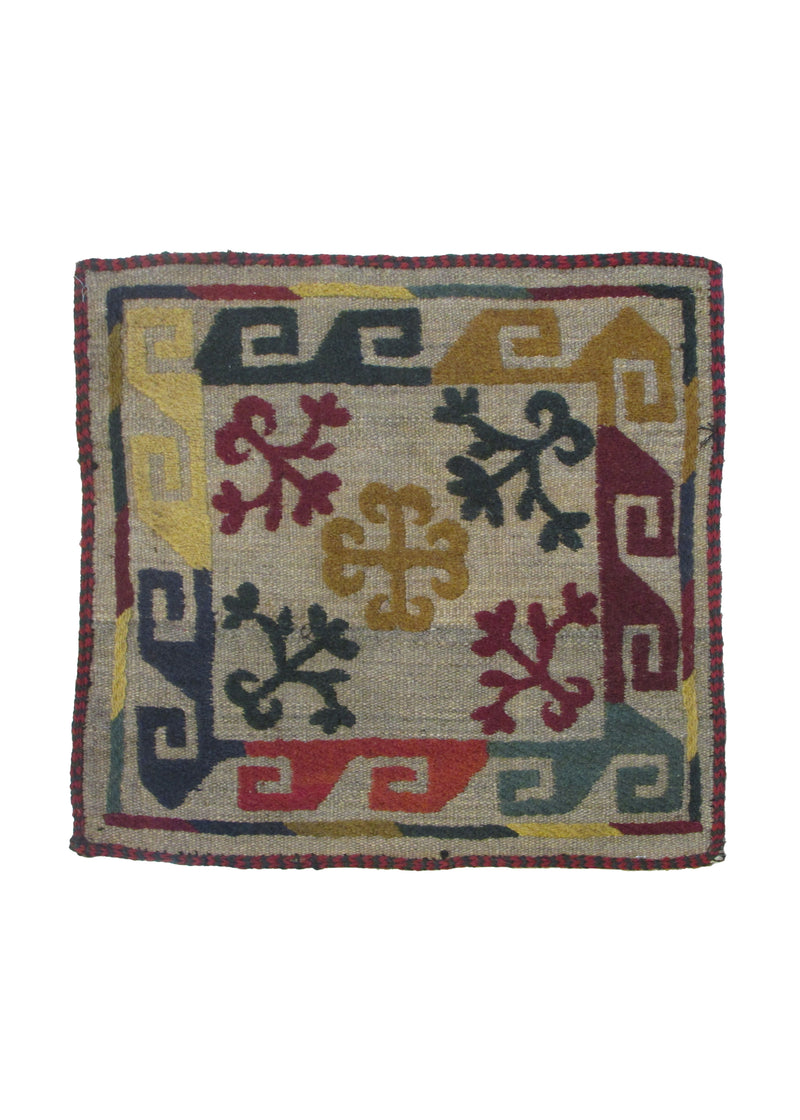Oriental Rug Pakistani Handmade Pillow Tribal 1'7"x1'7" (2x2) Whites/Beige Multi-color Suzani Geometric Design #A30273