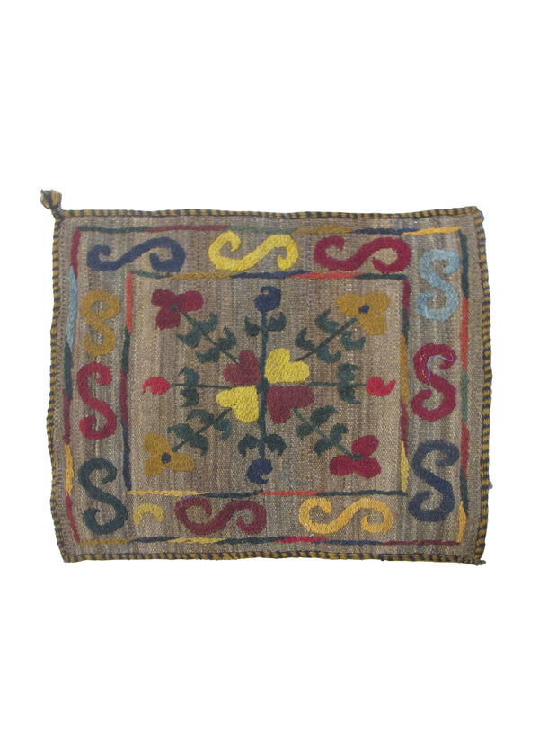 Oriental Rug Pakistani Handmade Pillow Tribal 1'7"x1'7" (2x2) Whites/Beige Multi-color Suzani Geometric Design #A30275